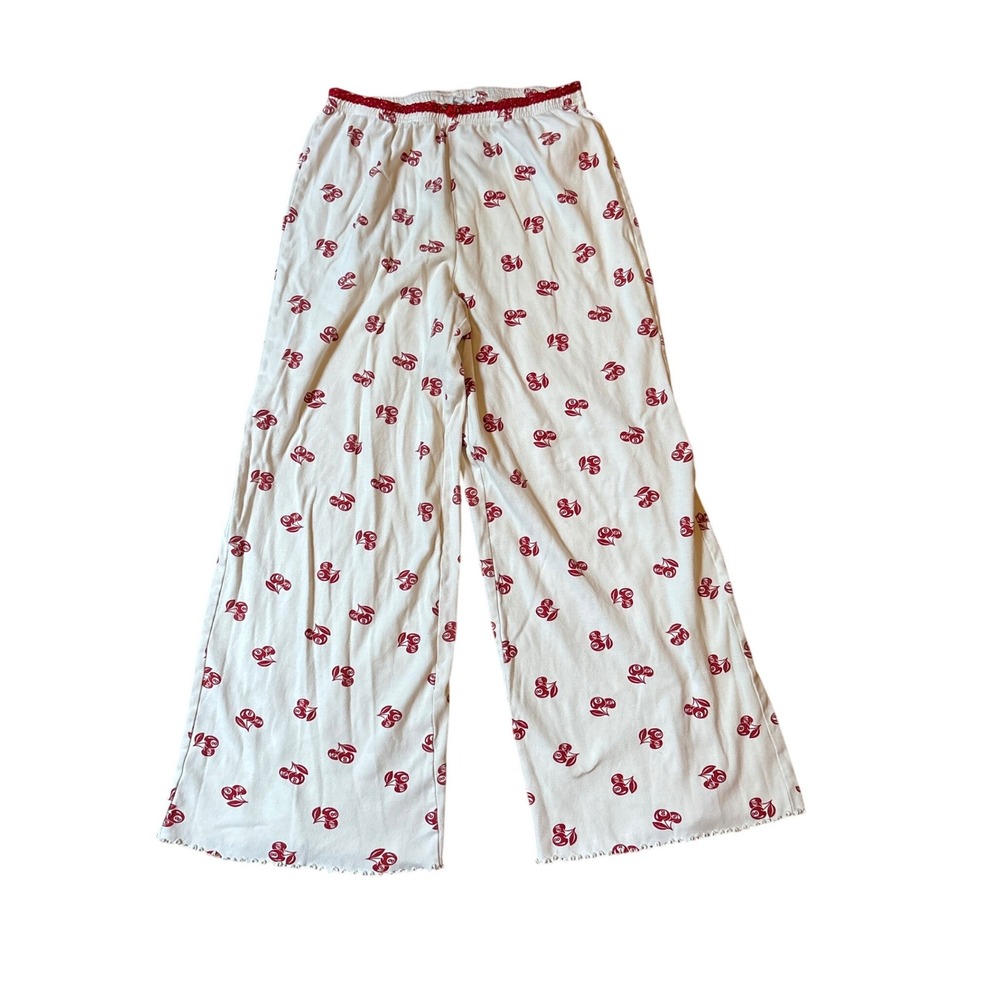 Love & Lazy Days Pajama Pants Women White Red Cherry Print Wide Leg SIZE L
